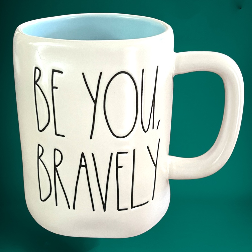 Rae Dunn Be You, Bravely Ceramic Coffee Mug with Blue Interior. New- 16 ounces.